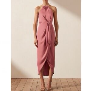 Shona Joy Luxe Tie Front Sleeveless Midi Sangria Halter Dress Midi